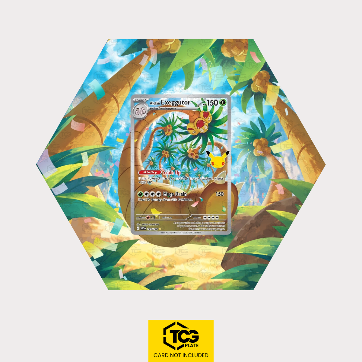Alola-Kokowei 30C 129 als sechseckiges Extended Art Hex Shapes Display mit UV-Schutz-Case und magnetischer Wandhalterung von TCGplate.