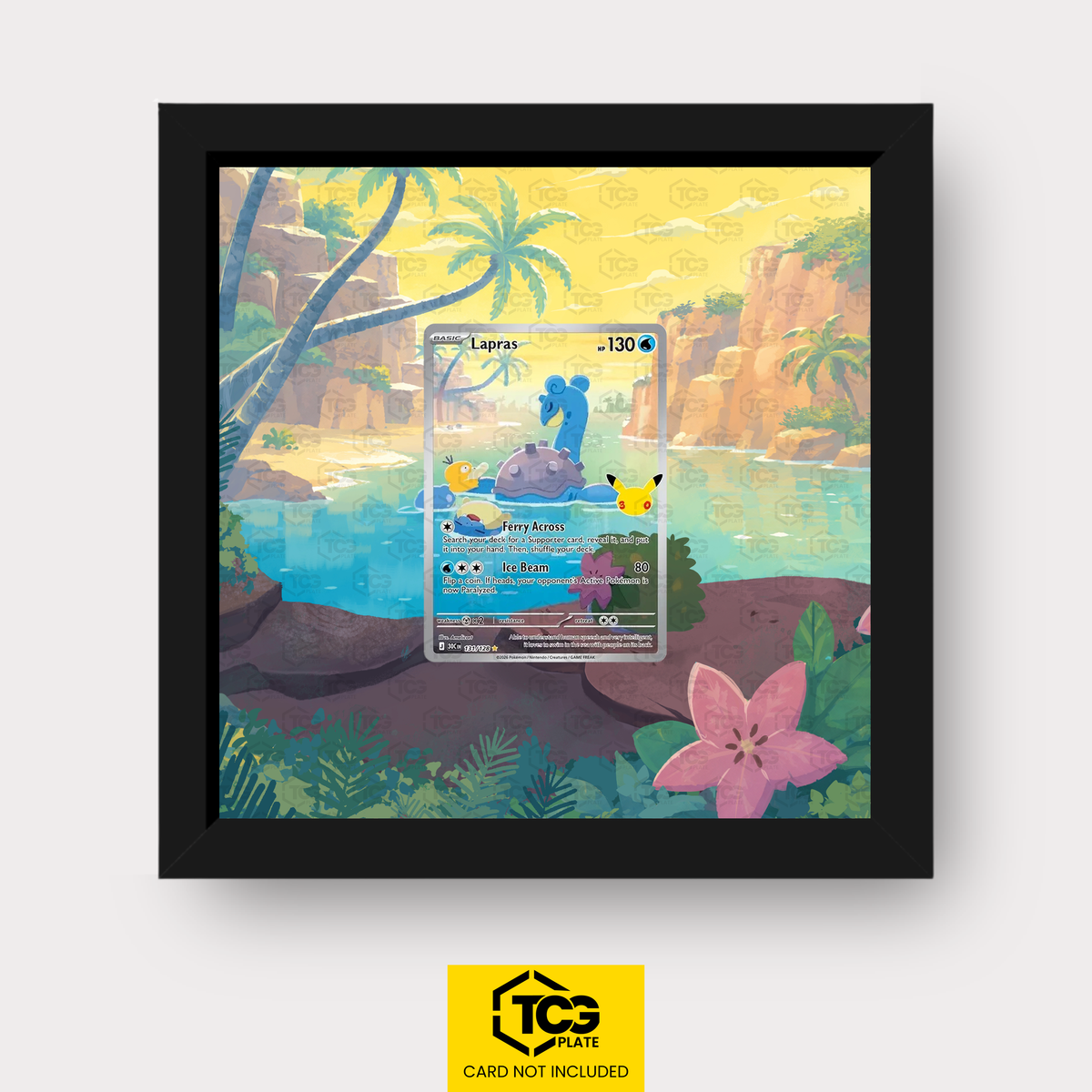 Lapras 30C 131 as an Extended Art display in a real wood frame with UV-protective case and magnetic wall mount by TCGplate.