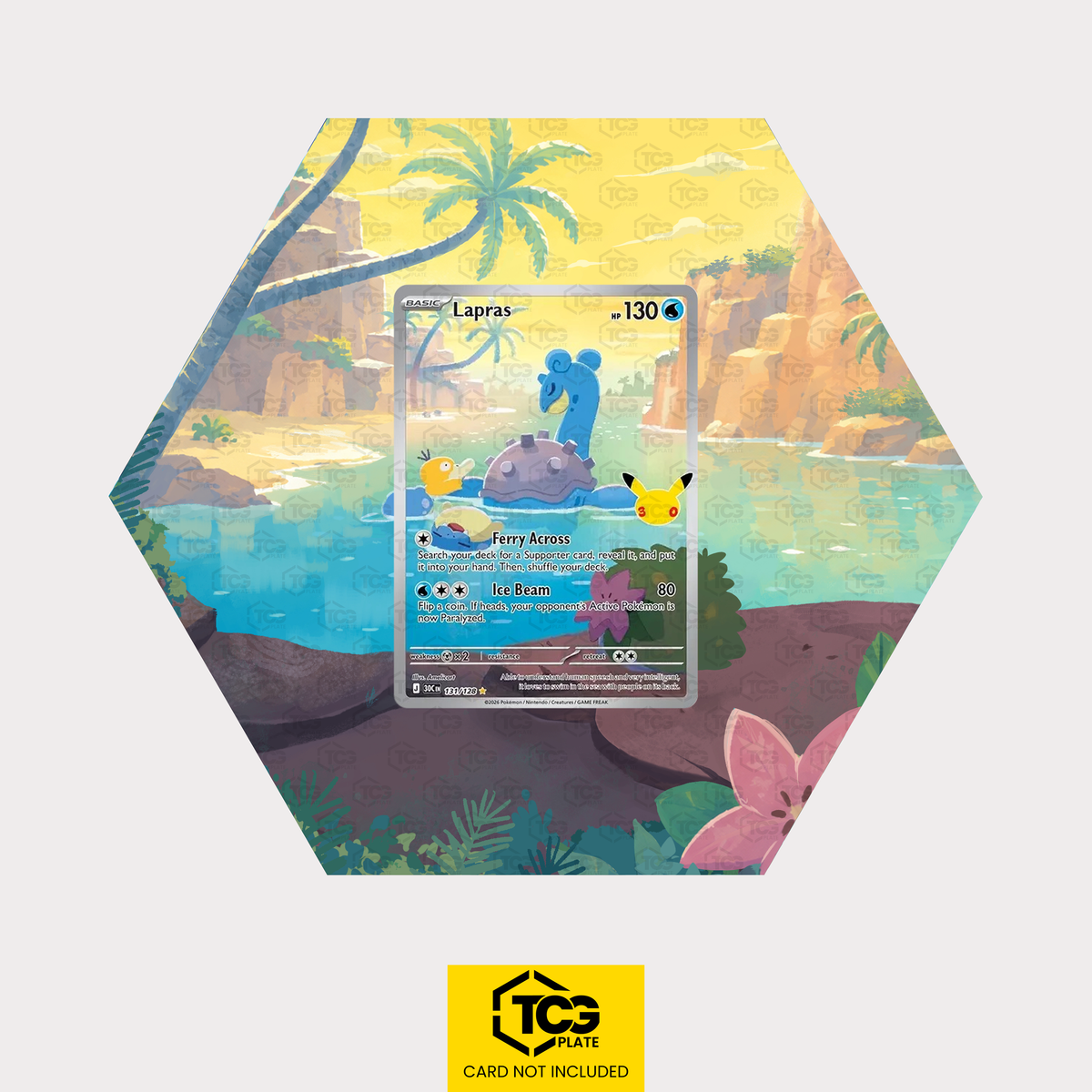 Lapras 30C 131 as a hexagonal Extended Art Hex Shapes display with UV-protective case and magnetic wall mount by TCGplate.