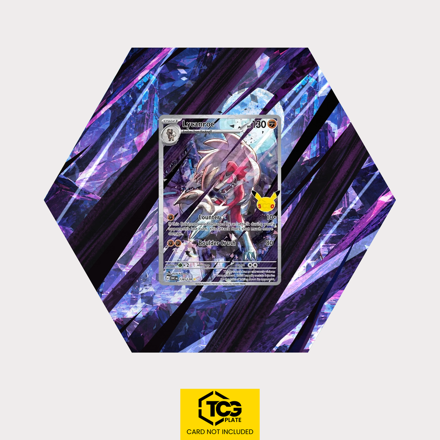 Lycanroc 30C 138 as a hexagonal Extended Art Hex Shapes display with UV-protective case and magnetic wall mount by TCGplate.