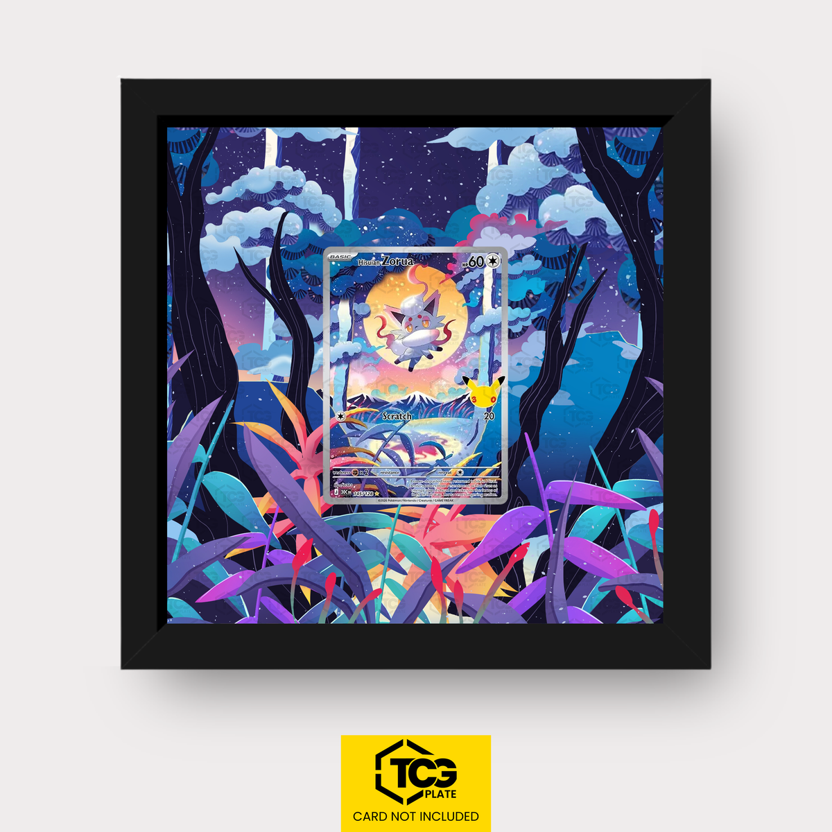 Hisuian Zorua 30C 145 as an Extended Art display in a real wood frame with UV-protective case and magnetic wall mount by TCGplate.
