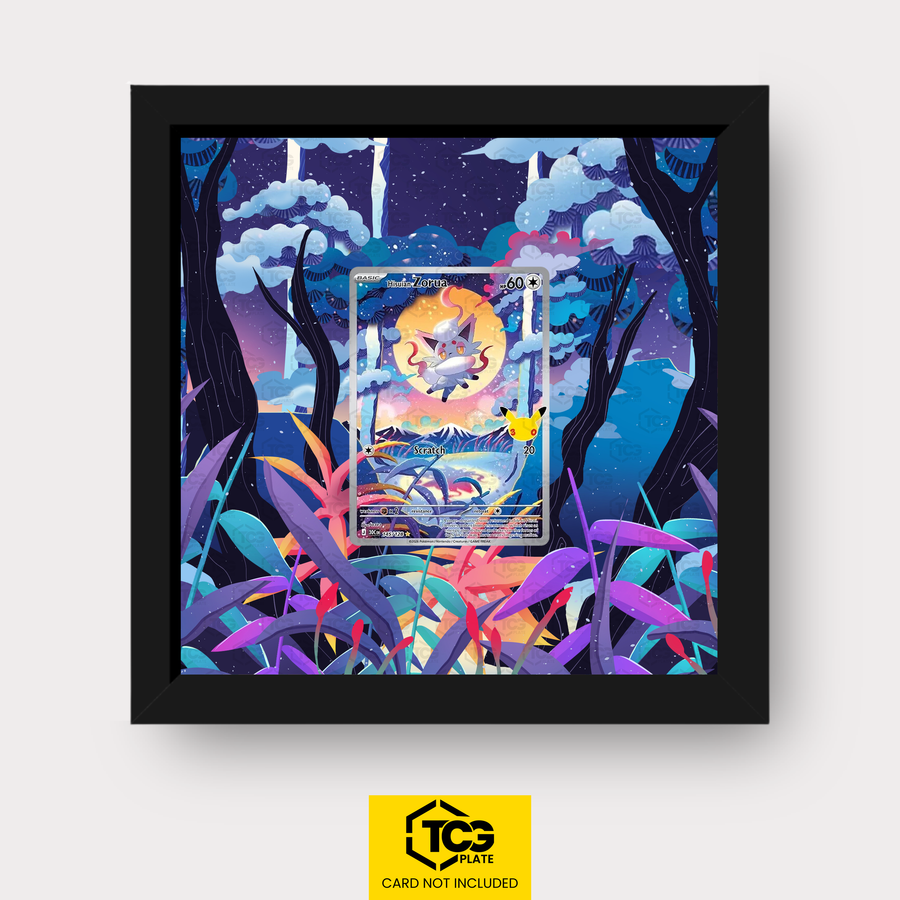 Hisuian Zorua 30C 145 as an Extended Art display in a real wood frame with UV-protective case and magnetic wall mount by TCGplate.