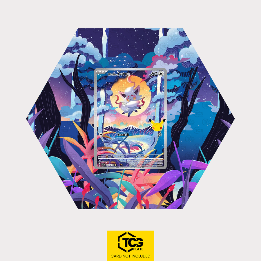Hisuian Zorua 30C 145 as a hexagonal Extended Art Hex Shapes display with UV-protective case and magnetic wall mount by TCGplate.