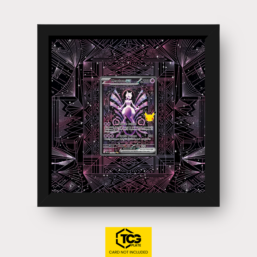 Mewtwo ex 30C 151 Frames® in Pitch Black with UV-protective case and magnetic wall mount by TCGplate.