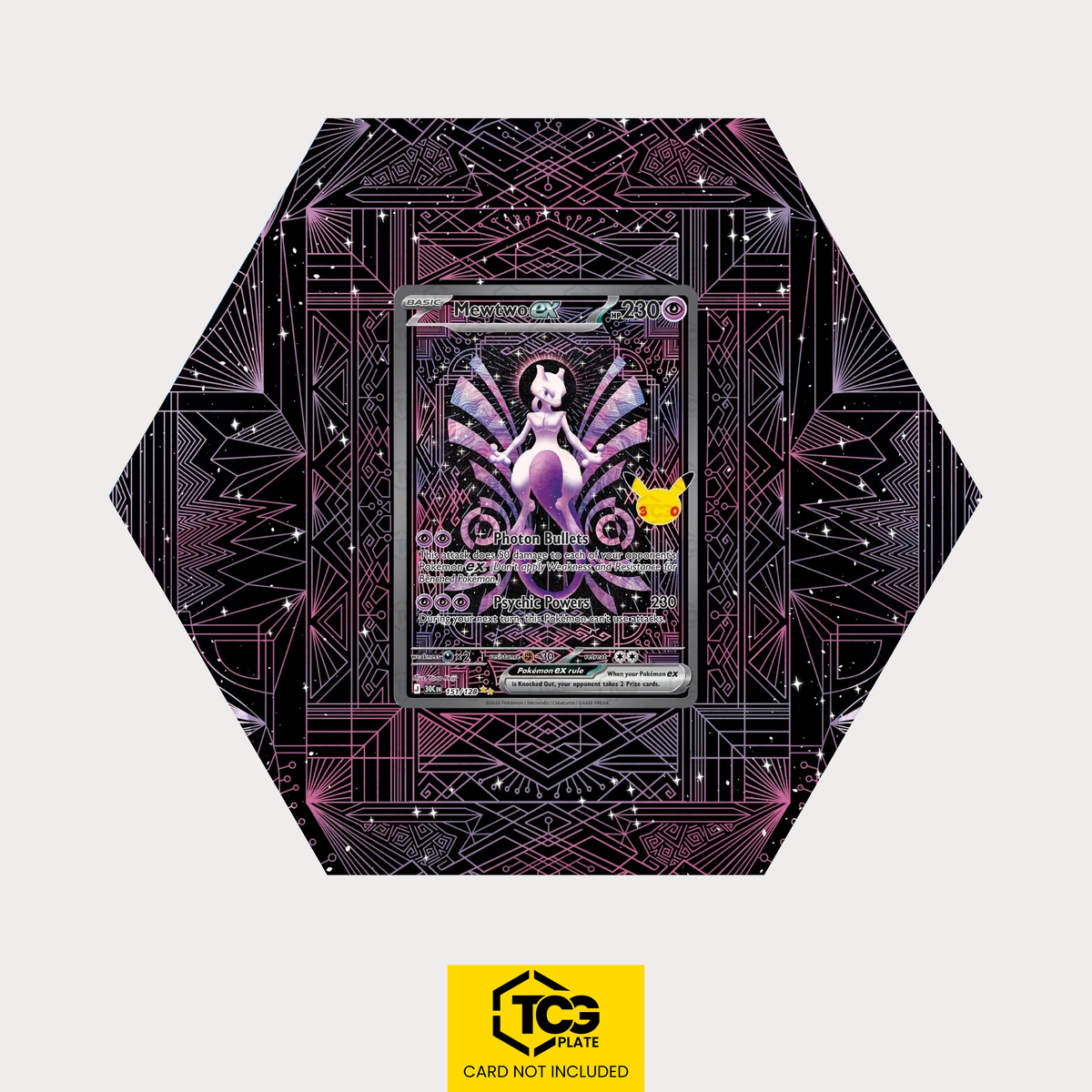 Mewtwo ex 30C 151 as a hexagonal Extended Art Hex Shapes display with UV-protective case and magnetic wall mount by TCGplate.