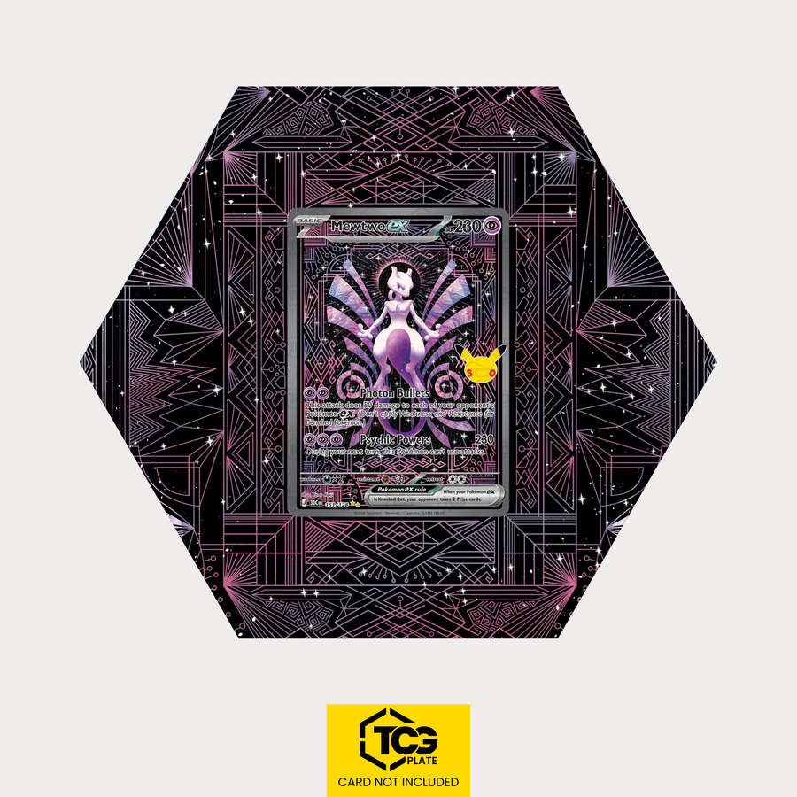 Mewtwo ex 30C 151 as a hexagonal Extended Art Hex Shapes display with UV-protective case and magnetic wall mount by TCGplate.