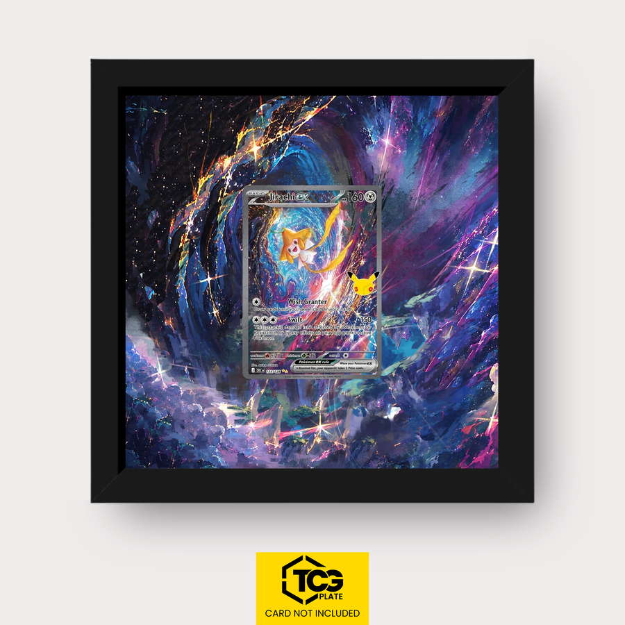 Jirachi ex 30C 155 Frames® in Pitch Black mit UV-Schutz-Case und magnetischer Wandhalterung von TCGplate.