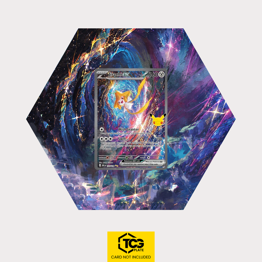 Jirachi ex 30C 155 als sechseckiges Extended Art Hex Shapes Display mit UV-Schutz-Case und magnetischer Wandhalterung von TCGplate.