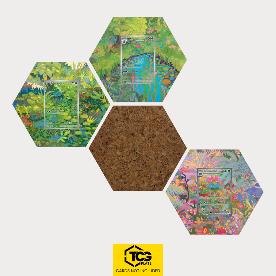 Bisasam, Bisaknosp und Bisaflor ex als Hex Shapes Bündel mit Kork Hexagon von TCGplate.
