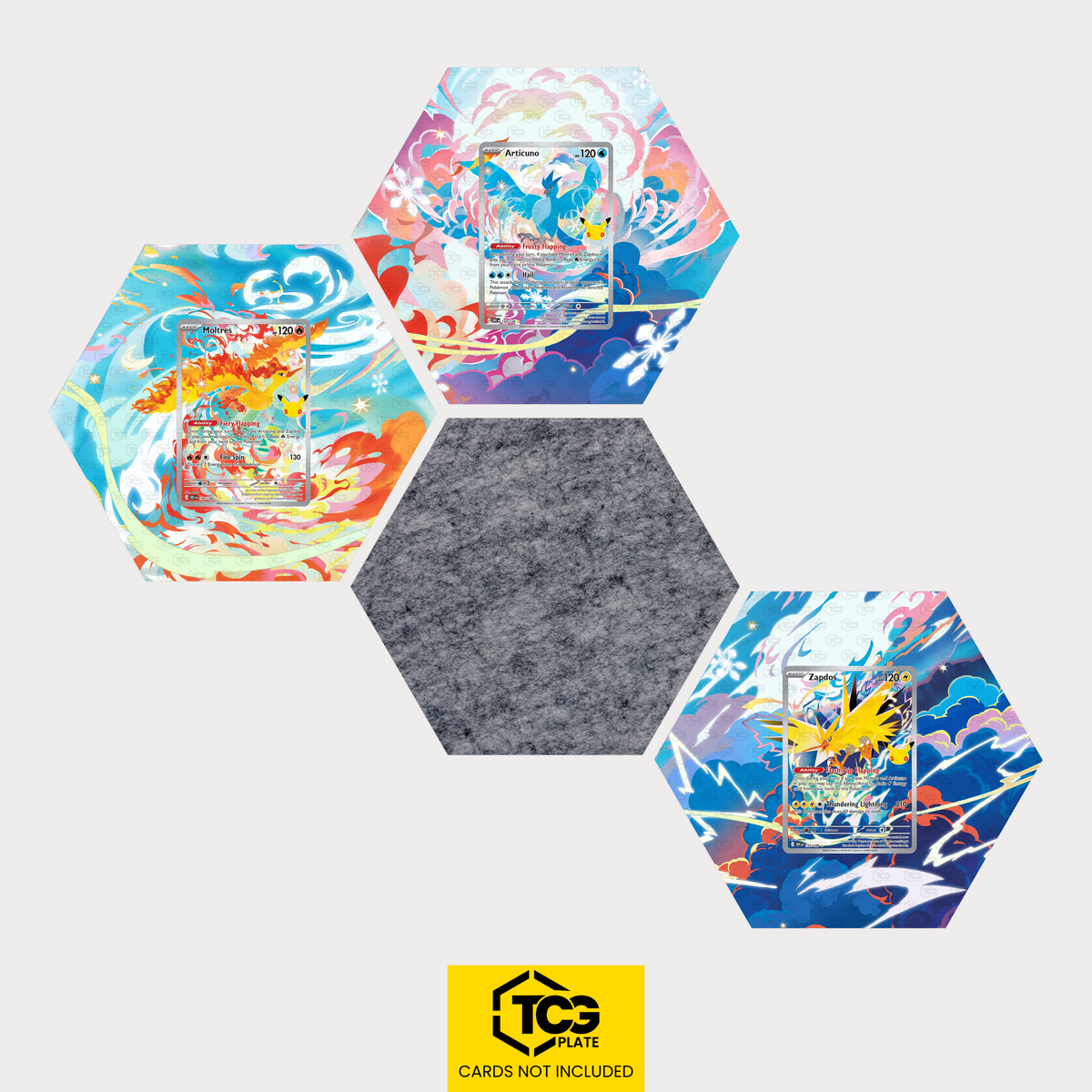 Lavados, Arktos und Zapdos als Hex Shapes Bündel mit Filz Hexagon von TCGplate.