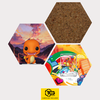 Funko Charmander, the card MEP 038 and the cork hexagon as a Hex Shapes bundle by TCGplate.