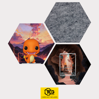 Funko Charmander, the card MEW 168 and the felt hexagon as a Hex Shapes bundle by TCGplate.