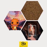 Funko Charmander, the card MEW 168 and the cork hexagon as a Hex Shapes bundle by TCGplate.