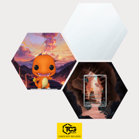 Funko Charmander, the card MEW 168 and the mirror hexagon as a Hex Shapes bundle by TCGplate.