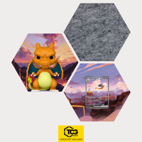 Funko Glurak, die Karte MEW 199 und das Filz Hexagon als Hex Shapes Bündel von TCGplate.