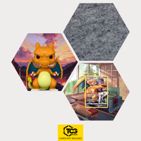 Funko Glurak, die Karte LOR TG03 und das Filz Hexagon als Hex Shapes Bündel von TCGplate.