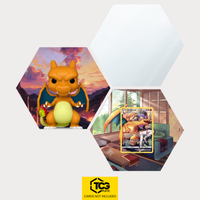 Funko Glurak, die Karte LOR TG03 und das Spiegel Hexagon als Hex Shapes Bündel von TCGplate.