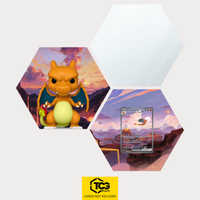Funko Glurak, die Karte MEW 199 und das Spiegel Hexagon als Hex Shapes Bündel von TCGplate.