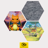 Funko Glurak, die Karte V SWSH 260 und das Filz Hexagon als Hex Shapes Bündel von TCGplate.