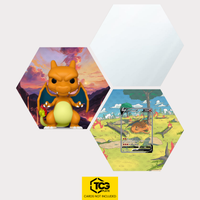 Funko Glurak, die Karte V SWSH 260 und das Spiegel Hexagon als Hex Shapes Bündel von TCGplate.