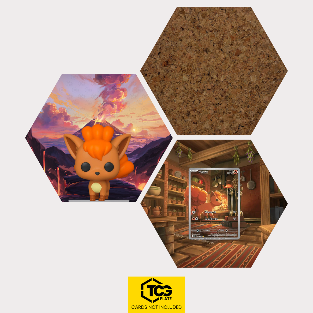 Funko Vulpix, the card MEG 138 and the cork hexagon as a Hex Shapes bundle by TCGplate.