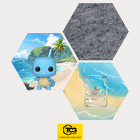 Funko Squirtle, the card MEW 170 and the felt hexagon as a Hex Shapes bundle by TCGplate.
