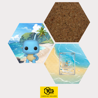 Funko Squirtle, the card MEW 170 and the cork hexagon as a Hex Shapes bundle by TCGplate.
