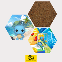 Funko Squirtle, the card MEP 039 and the cork hexagon as a Hex Shapes bundle by TCGplate.