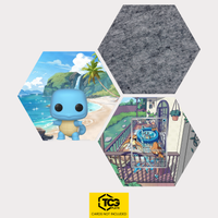 Funko Squirtle, the card SCR 148 and the felt hexagon as a Hex Shapes bundle by TCGplate.