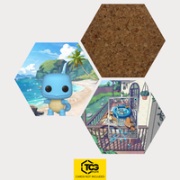 Funko Squirtle, the card SCR 148 and the cork hexagon as a Hex Shapes bundle by TCGplate.