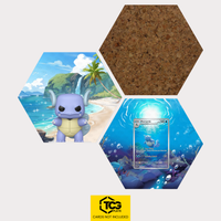 Funko Wartortle, the card MEW 171 and the cork hexagon as a Hex Shapes bundle by TCGplate.