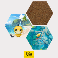 Funko Psyduck, the card Misty's Psyduck DRI 193 and the cork hexagon as a Hex Shapes bundle by TCGplate.