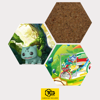 Funko Bulbasaur, the card MEP 037 and the cork hexagon as a Hex Shapes bundle by TCGplate.