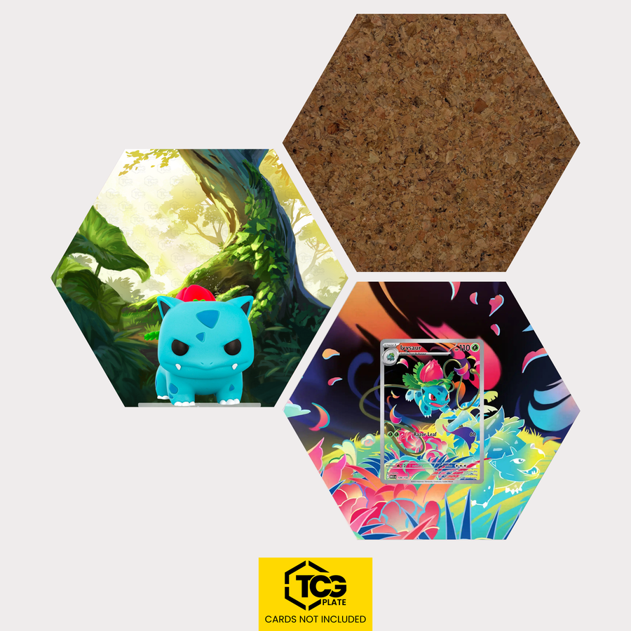 Funko Ivysaur, the card MEG 134 and the cork hexagon as a Hex Shapes bundle by TCGplate.