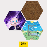 Funko Mew, the card PAF 232 and the cork hexagon as a Hex Shapes bundle by TCGplate.