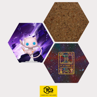 Funko Mew, the card Ancient Mew UNP-001 and the cork hexagon as a Hex Shapes bundle by TCGplate.
