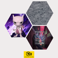 Funko Mewtu, die Karte Team Rockets Mewtu DRI 231 und das Filz Hexagon als Hex Shapes Bündel von TCGplate.