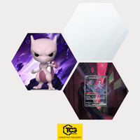 Funko Mewtu, die Karte Team Rockets Mewtu DRI 231 und das Spiegel Hexagon als Hex Shapes Bündel von TCGplate.