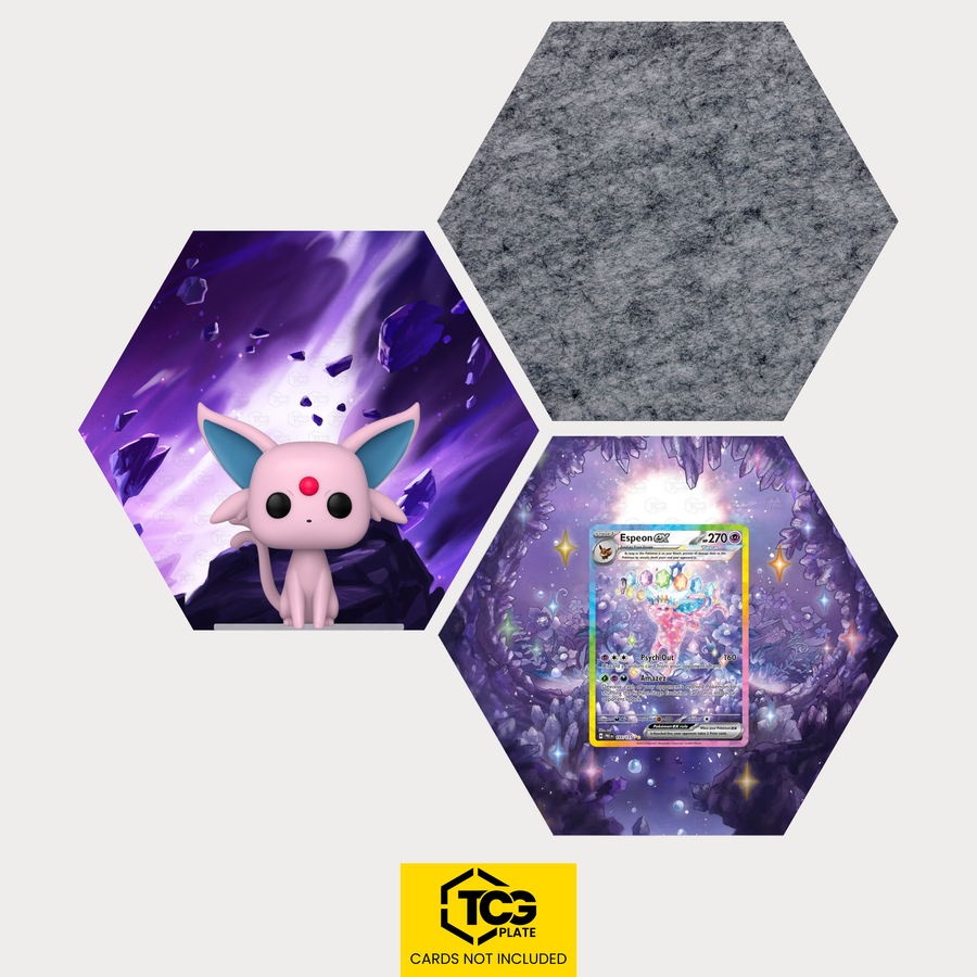 Funko Espeon, the card PRE 155 and the felt hexagon as a Hex Shapes bundle by TCGplate.