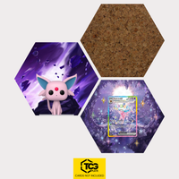 Funko Espeon, the card PRE 155 and the cork hexagon as a Hex Shapes bundle by TCGplate.