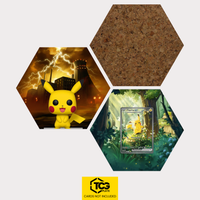 Funko Pikachu, the card ASC 276 and the cork hexagon as a Hex Shapes bundle by TCGplate.