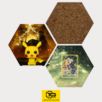 Funko Pikachu, the card LOR TG05 and the cork hexagon as a Hex Shapes bundle by TCGplate.