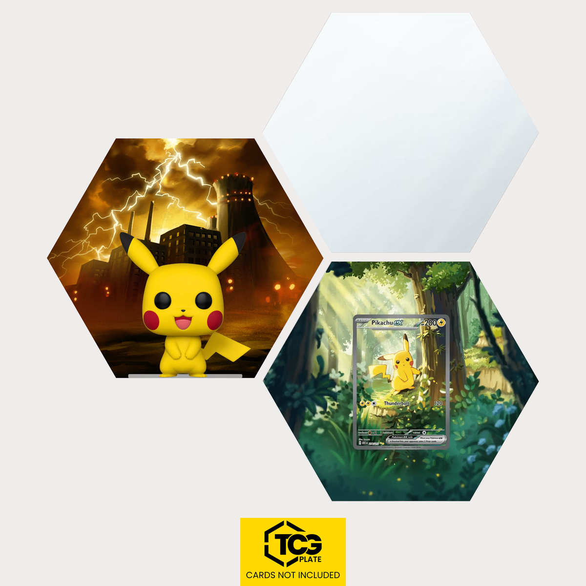 Funko Pikachu, the card ASC 276 and the mirror hexagon as a Hex Shapes bundle by TCGplate.