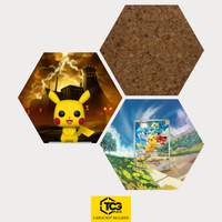 Funko Pikachu, the card SVP 027 and the cork hexagon as a Hex Shapes bundle by TCGplate.