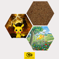 Funko Pikachu, the card SVP 088 and the cork hexagon as a Hex Shapes bundle by TCGplate.