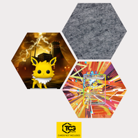 Funko Jolteon, the card PRE 153 and the felt hexagon as a Hex Shapes bundle by TCGplate.