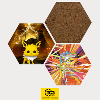Funko Jolteon, the card PRE 153 and the cork hexagon as a Hex Shapes bundle by TCGplate.