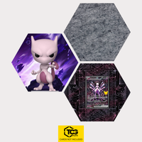 Funko Mewtu, die Karte Mewtu ex 30C 151 und das Filz Hexagon als Hex Shapes Bündel von TCGplate.