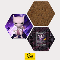 Funko Mewtu, die Karte Mewtu ex 30C 151 und das Kork Hexagon als Hex Shapes Bündel von TCGplate.