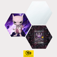 Funko Mewtu, die Karte Mewtu ex 30C 151 und das Spiegel Hexagon als Hex Shapes Bündel von TCGplate.